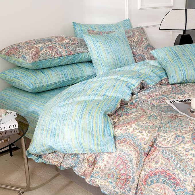 Paisley Queen Duvet Cover 100% Soft Cotton 3 Pieces Queen Exotic Bohemian Bedding Set Luxury Boho Vintage Chic Pattern Printed Queen Reversible Striped Queen Duvet Cover with Zipper Closure
