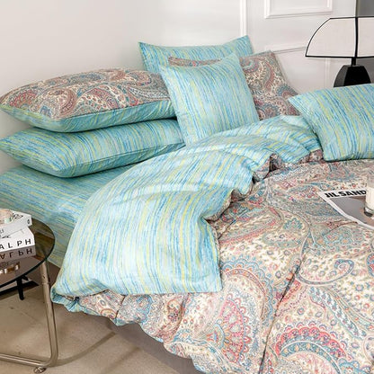Paisley Queen Duvet Cover 100% Soft Cotton 3 Pieces Queen Exotic Bohemian Bedding Set Luxury Boho Vintage Chic Pattern Printed Queen Reversible Striped Queen Duvet Cover with Zipper Closure