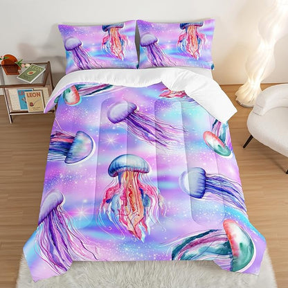 Kawaii Bedding Color Jellyfish Comforter Set Full Size,Rainbow Flash Pattern Comforter for Teens Kids Girls Room Decor,Marine Animal Theme Beach Bedding Set with 2 Pillowcases.
