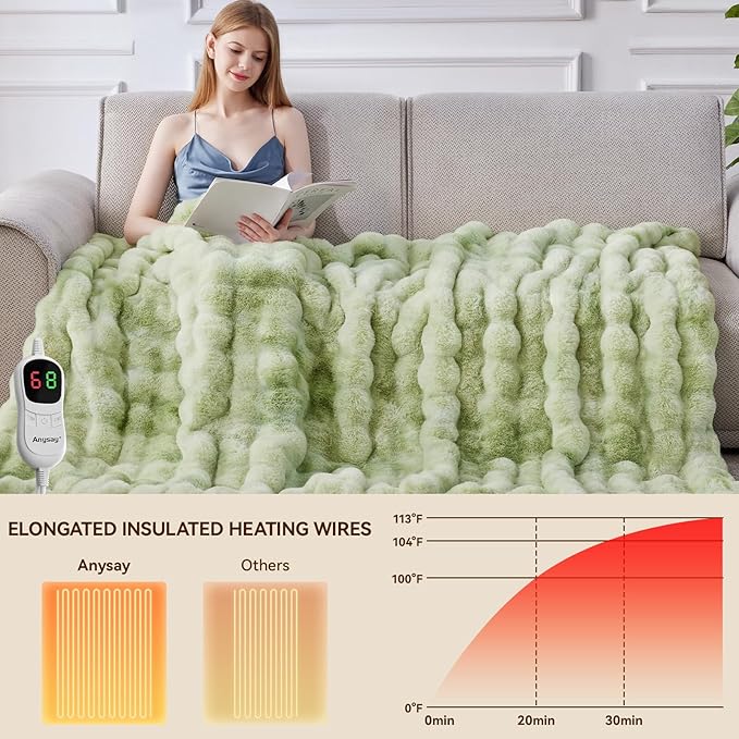 Heated Blanket Throw with 1/2/4/6/8 Hours Auto-Off 10 Heat Level, 50'' * 60'' Cozy Faux Rabbit Fur Bubble Electric Blanket with Overheat Protection(Tie-Dye Green)