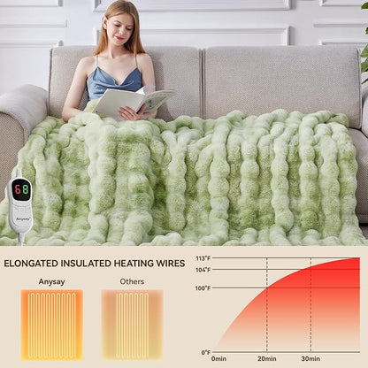 Heated Blanket Throw with 1/2/4/6/8 Hours Auto-Off 10 Heat Level, 62'' * 84'' Cozy Faux Rabbit Fur Bubble Electric Blanket with Overheat Protection(Tie-Dye Green)