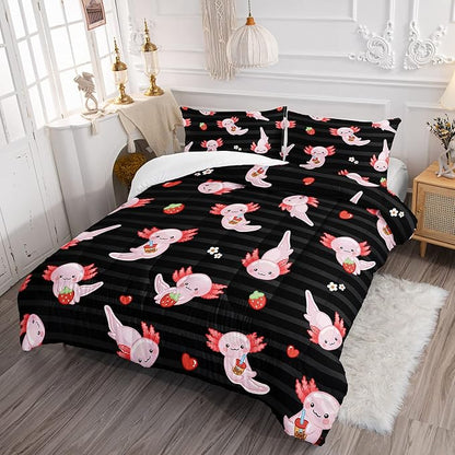 HOSIMA Kids Black Comforter Sets 3 Pieces,Cartoon Axolotl Bedding Sea Wildlife Cute Animals Theme Room Decor,Kawaii Bedding Set Strawberry Comforter Queen Size with 2 Pillowcases.