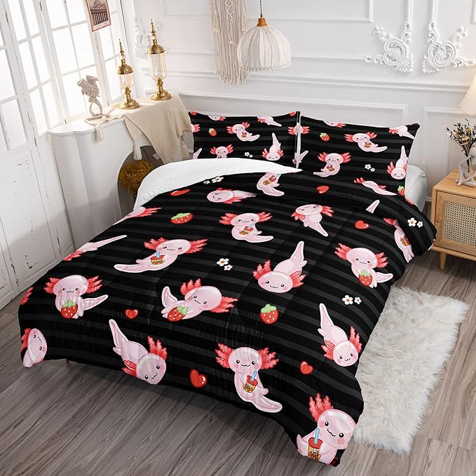 HOSIMA Kids Black Full Size Comforter Sets 3 Pieces,Cartoon Axolotl Bedding Sea Wildlife Cute Animals Theme Room Decor,Kawaii Bedding Set Strawberry Comforter with 2 Pillowcases.