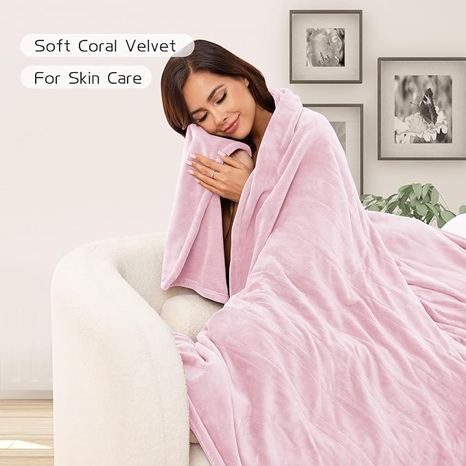 Electric Heated Blanket 72"x84" Full Size, Soft Coral Fleece with 4 Heating Levels and 10 Hours Auto-Off, Machine Washable, Cozy Plush Fabric for Home, Pale Pink