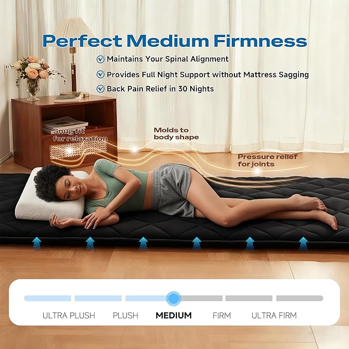 Aircliff Japanese Floor Futon Mattress, Roll Up Tatami Mat, Sleeping Pad, Shikibuton, Portable Foam Floor Bed Mattress for Sleeping, Dormitory, Guest Bed, Designed in Japan(Black, Twin)