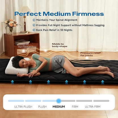 Aircliff Japanese Floor Futon Mattress, Roll Up Tatami Mat, Sleeping Pad, Shikibuton, Portable Foam Floor Bed Mattress for Sleeping, Dormitory, Guest Bed, Designed in Japan(Black, Twin)