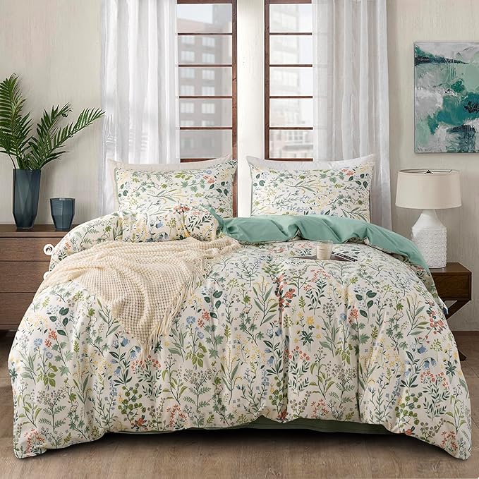 Floral Twin Duvet Cover 100% Brushed Microfiber 3 Pieces Fresh Chic Garden Style Green Wildflower Botanical Floral Pattern Printed Twin Flower Duvet Cover with Zipper Closure