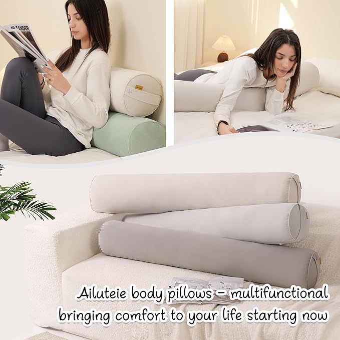 Long Round Body Pillow for Adults – Bolster Pillow for Bed, Cervical Roll Pillow, Firm Support for Sleeping,47 x 7.87 Inches,Misty White