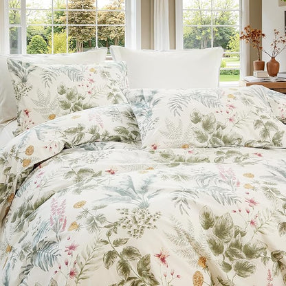 100% Cotton Duvet Cover Queen Size Sage Green Floral Bedding Set Reversible Botanical Comforter Cover 3 Pcs Vintage Cottagecore Aesthetic Soft Bedding Sets for All Season