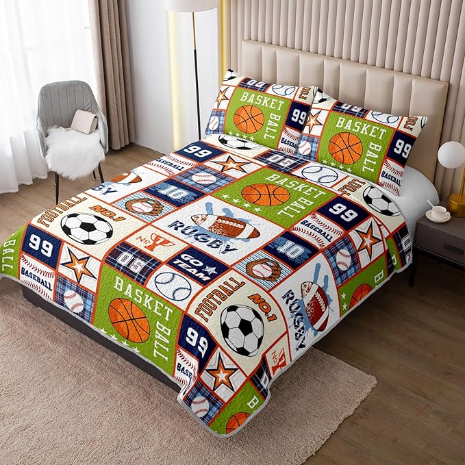 QOOMO Sports Quilt Set Full/Queen Size,Basketball Bedspread Coverlet Set,Football 3Pcs Bedding Set Printed Quilt with 2 Pillowcases,Soft and Lightweight,for All Seasons