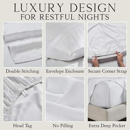 KARISSA MAE Cooling Bamboo Viscose Split King Sheet Set | 100% Organically Grown | 18” Deep Pocket | Silky, Soft, & Hypoallergenic | with Organizer Band & Elastic Corner Straps [White]