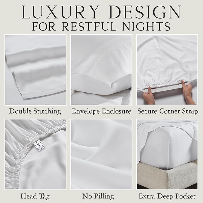 KARISSA MAE Cooling Bamboo Viscose Queen Size Sheet Set | 100% Organically Grown | 18” Deep Pocket | Silky, Soft, & Hypoallergenic | with Organizer Band & Elastic Corner Straps [White]