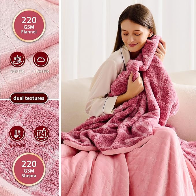 Heated Electric Blanket Twin Size - 62"x84" Flannel Heating Blanket with 10 Heating Levels & 5 Time Settings Over-Heat Protection, Winter Warmer for Adults with ETL Certification（Pink）