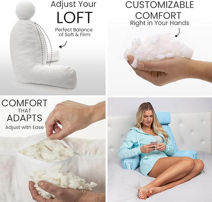 Husband Pillow Medium Sky Blue, Backrest for Kids, Teens, Petite Adults - Reading Pillows with Arms, Adjustable Loft, Plush Memory Foam, Bed Rest Chair Sitting Up, Detach Neck Roll, Removable Cover