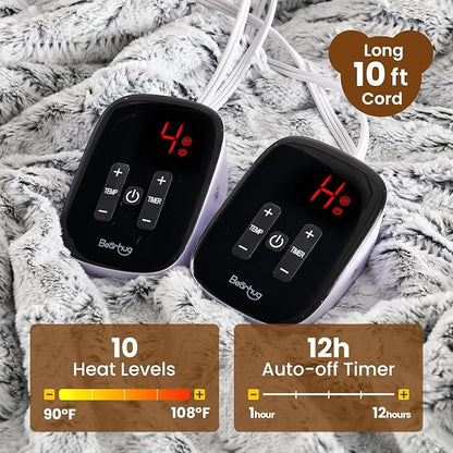 Bearhug Electric Blanket King Size 100" x 90" Dual Controllers Heated Blanket, 10 Heat Settings, 1-12 Hour Auto Shut-Off, Faux Fur & Sherpa Dual-Sided, Machine Washable, Gift-Ready Elegant Packaging