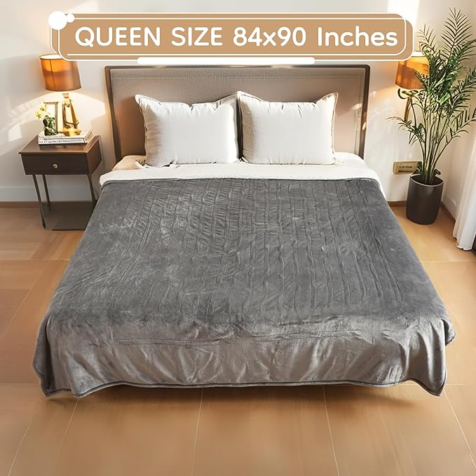 Electric Heated Blanket Queen Size - 84"x90", Soft Flannel Heating Blanket, 10 Heating Levels, 1-12 H Auto Shut Off, Dual Controllers, Breathable Warm and Washable for Bed, Light Grey