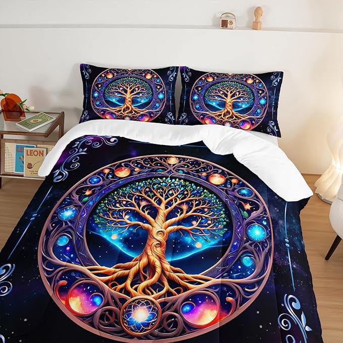 Tree of Life Bedding Twin Comforter Set,Mystic Planet Starry Sky Printed Bedding Comforter Sets for Kids Boys Girls Room Decor,Bohemian Bedding Puffy Comforter Sets 2 Pillowcases.