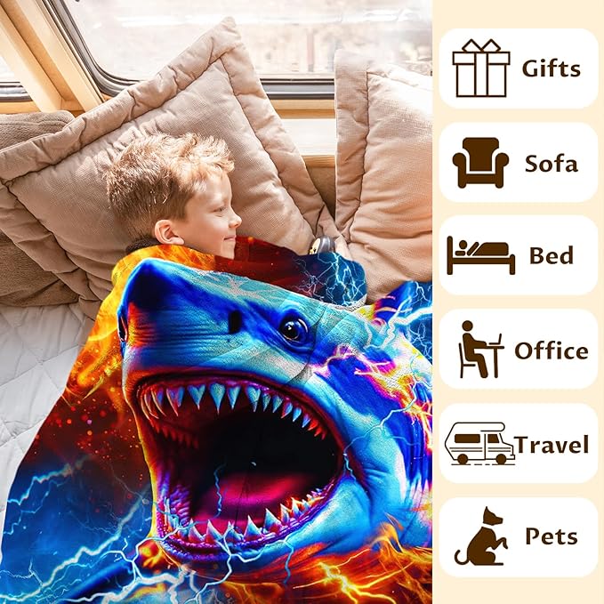 Boys Blanket Shark Gift for Kids Teens, 40x50 Inches Lightweight Comfy All Season Throw Blankets for Sofa Chair Bed Office