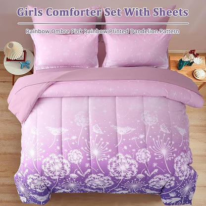 Menghomeus Girls Comforter Set Twin Size 5 Pieces Bed in A Bag Ombre Purple Pink Bedding Set Dandelion Butterfly Print Kids Bedding Collections