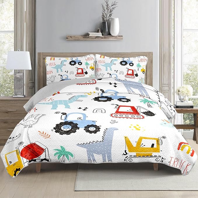 AILONEN Cartoon Dinosaur Quilt Set Twin Size, 3-Piece Dino & Construction Excavator Bedspread Coverlet Set,Soft Microfiber with 2 Pillowcases for Kids Girls
