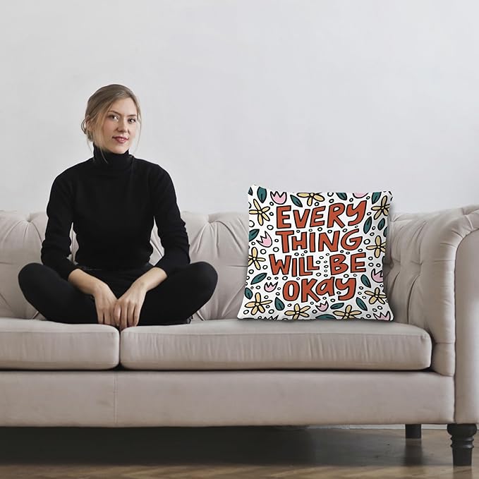 Everything Will Be Okay Inspirational Pillow Covers 18x18, Positive Encouragement Gifts for Women, Floral Motivational Throw Pillow Covers for Home Bedroom Living Room Dorm