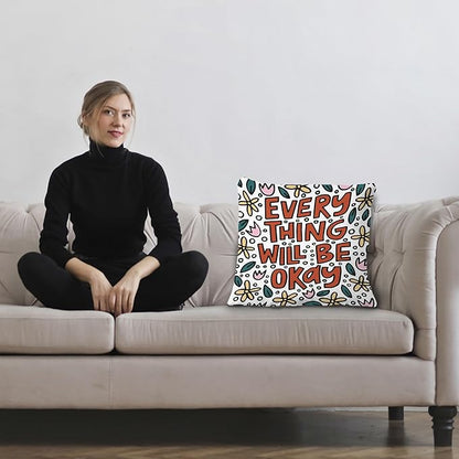 Everything Will Be Okay Inspirational Pillow Covers 18x18, Positive Encouragement Gifts for Women, Floral Motivational Throw Pillow Covers for Home Bedroom Living Room Dorm