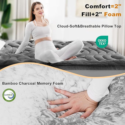 Dual Layer 4 Inch Bamboo Memory Foam Mattress Topper Queen Size, 2 Inch Thick Soft Quilted Pillow Top Cover Plus 2 Inch Charcoal Gel Memory Foam Mattress Pad for Back Pain Relief