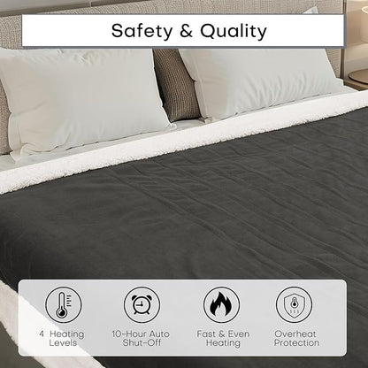 Electric Heated Blanket Throw Size 50"x60" - Dual-Sided with Microplush & Sherpa Fabric, 4 Heat Settings & 3 Hours Auto Off, Machine Washable - Iron Gray