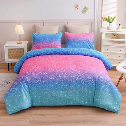 A Nice Night 6Pcs Gradient Glitter Bedding Set for Girls Full Size, Colorful Rainbow Galaxy Comforter Set, Ultra Soft Bedding Sets, Blue