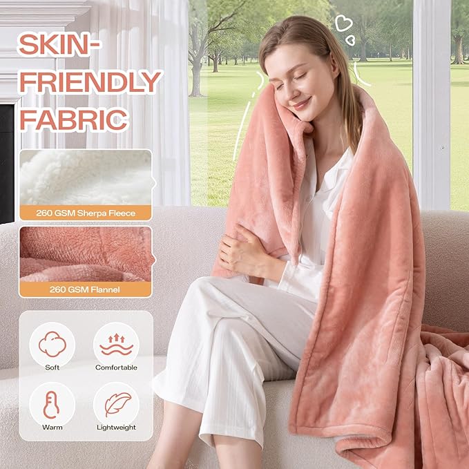 Heated Electric Blanket King Size, Dual Control Fast Heating Sherpa Blanket, 8 Heating Levels & 10 Hours Auto Off, Machine Washable with ETL & FCC Certified, Pink
