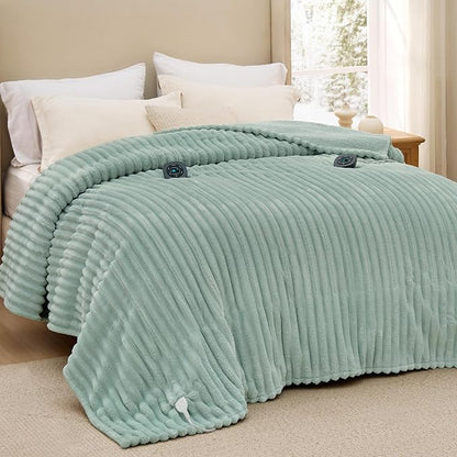 Bedsure Electric Blanket King Size - Thick Striped Flannel Electric Blanket with Dual Control, Heating with 10 Heat Settings & 10 Time Settings, 8 hrs Timer Auto Shut Off (90x100 inches, Green)