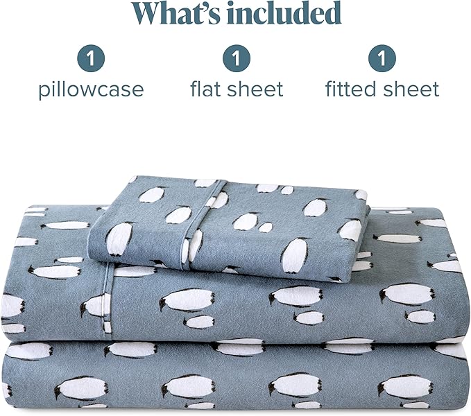 Bare Home Flannel Sheet Set Prints, 100% Cotton, Velvety Soft Heavyweight - Christmas Sheets - Double Brushed Flannel for Extra Softness & Comfort - Deep Pocket - Holiday Sheets (Twin XL, Penguin)