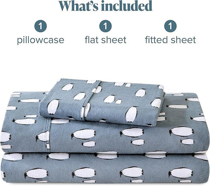 Bare Home Flannel Sheet Set Prints, 100% Cotton, Velvety Soft Heavyweight - Christmas Sheets - Double Brushed Flannel for Extra Softness & Comfort - Deep Pocket - Holiday Sheets (Twin XL, Penguin)