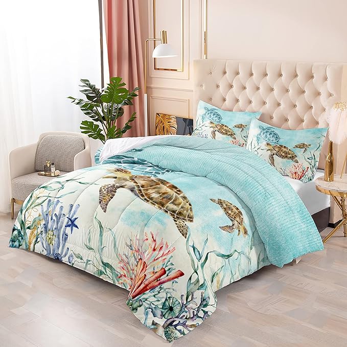 CVHOUSE Ocean Watercolor Sea Turtle Bedding Set - Kids Teens Comforter, Duvet, Quilt Set - Twin Size