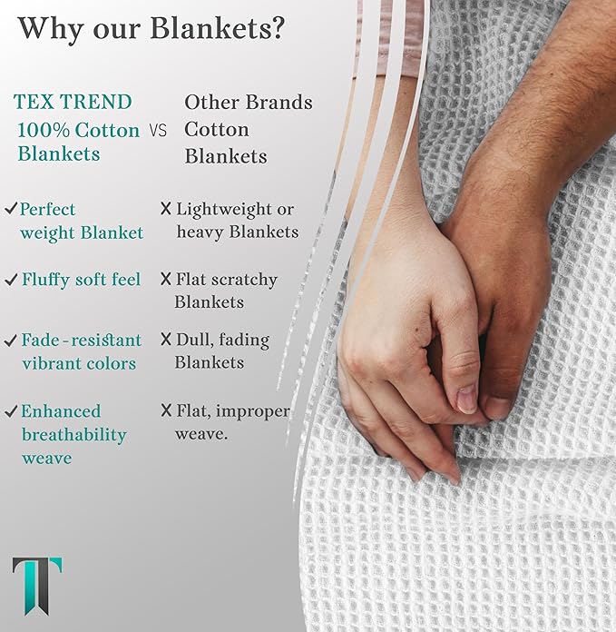 Tex Trend 100% Cotton Blankets – Soft and Breathable Twin XL White Waffle Blanket – for Christmas & All Season Comfort – Suitable for Bed Layering, Sofa, Couch and Chair (60”x90”)