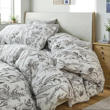 100% Cotton Duvet Cover King Size – Vintage Botanical Sketch Elegant Taupe Floral Duvet Cover Set with Zipper Closure, 3-Piece Soft Breathable Natural Premium Cotton Bedding Set