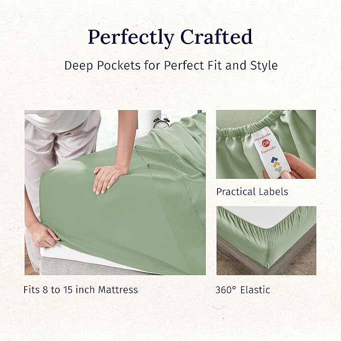 California Design Den Natural 100% Cotton Bed Sheets Twin Size Set - Luxury 600 Thread Count Sateen, Fully Elasticized Deep Pocket Sheet Set, Cool and Durable Hotel Quality Bedding - Laurel Green