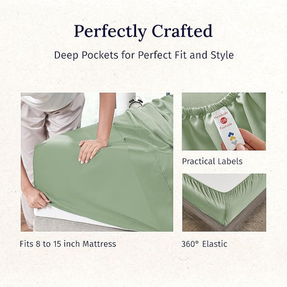 California Design Den Natural 100% Cotton Bed Sheets Twin Size Set - Luxury 600 Thread Count Sateen, Fully Elasticized Deep Pocket Sheet Set, Cool and Durable Hotel Quality Bedding - Laurel Green