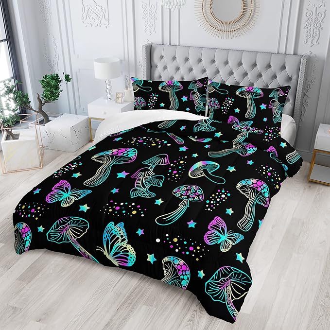 Colorful Mushroom Comforter Set Full Size Kids Mushroom Butterfly Bedding Set Star Quilt Bed Set for Boys Girls Adults with 1 Comforter and 2 Pillowcases