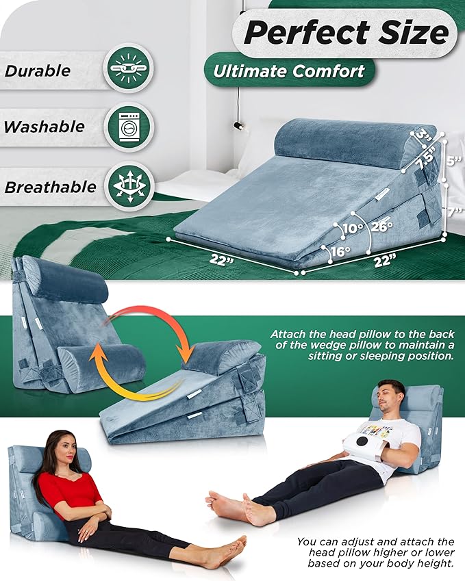 Lunix 4pcs Aloe Vera Infused Orthopedic Bed Wedge Pillow Set for Sleeping – Adjustable Post-Surgery Back, Leg & Knee Support, Acid Reflux & GERD Comfort, Memory Foam Head Pillows, Hot/Cold Pack, Gray