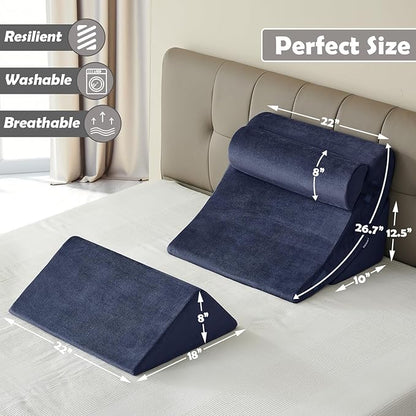 4Pcs Wedge Pillow for Sleeping, Orthopedic Bed Wedge Pillows for After Surgery, Foam Triangle Sit Up Pillow Wedge for Back, Neck, Shoulder Support, Leg Elevation, Acid Reflux, Gerd, Snoring Navy Blue