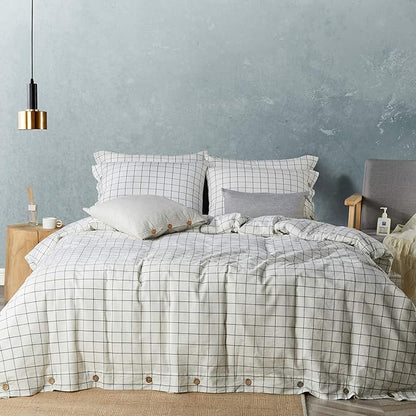 JELLYMONI Cotton Duvet Cover Twin Size - White Grid Plaid Comforter Cover with Button 100% Washed Cotton 2PCS Breathable Soft Solid Bedding Set Duvet Cover 68×90in & 1 Pillowcase (NO Comforter)