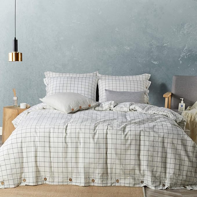 JELLYMONI Cotton Duvet Cover King Size - White Grid Plaid Comforter Cover with Button 100% Washed Cotton 3PCS Breathable Soft Bedding Set Duvet Cover 104×90in & 2 Pillowcases (NO Comforter)