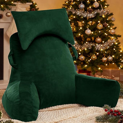 Portable Reading Pillows with Headrest for Bed Sitting Up(Dark Green Oeko-Tex), Velvet Back Pillow with Arms & Pockets for Adults, Support Memory Foam Bed Pillow for Dorm/Watching/Gaming