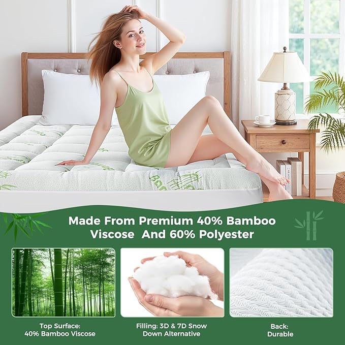 HYLEORY Mattress Topper King Size - Bamboo-Viscose Mattress Topper, Mattress Pad Cover Fluffy Soft Bed Pillow Topper with 8-21" Deep Pocket, Green