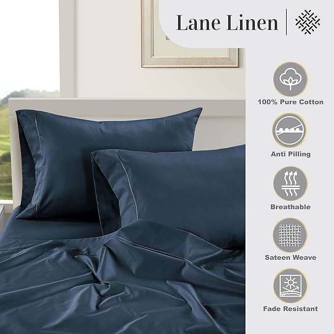 LANE LINEN 100% Egyptian Cotton Twin Sheets Set, Soft & Comfy Sateen Weave No Pill Mercerized Cotton Sheets, Fully Elasticized Reinforced French Seam Fitted Twin Bedding – Dark Denim