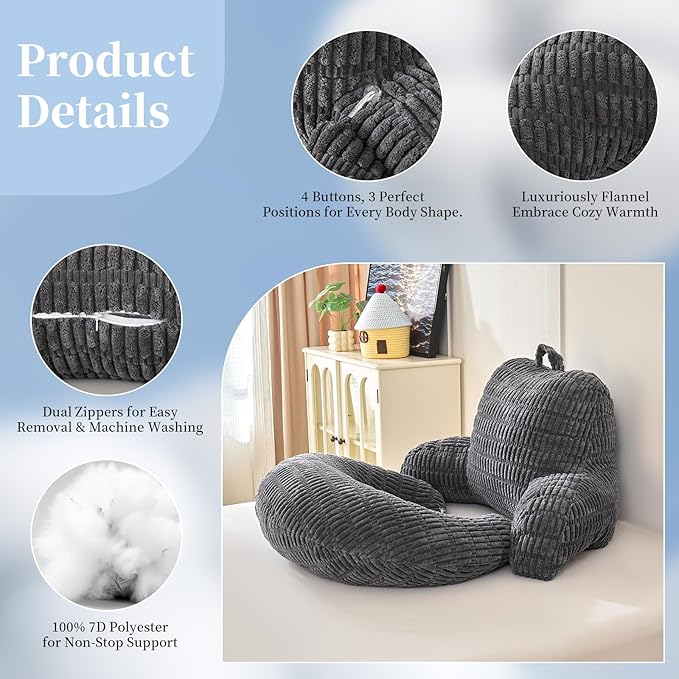 Back Pillow for Bed Sitting Up,U Shaped & Back Support Pillow for Bed,17" Backrest with Lumbar & Arm Support,Comfy Corduroy Fabric,Lap Pillow for Gaming/Reading/Watching TV,Gray