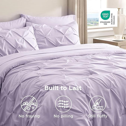 Bedsure California King Comforter Set Light Purple - Bed in a Bag Cal King Bedding Set 7 Pieces, GentleSoft™ Pintuck Bed Set Gift for Family, Pinch Pleat Comforter with Sheets, Pillowcases & Shams