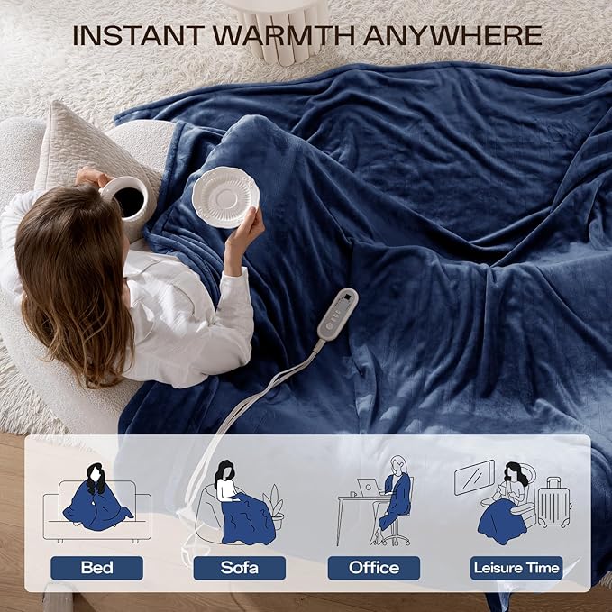 Heated Blanket Twin Size, Electric Blanket with 1-10 hrs Timer Auto-Off & 8 Heating Levels, Double-Layer Flannel Heating Blanket with ETL Certification Machine Washable (62”x 84”, Navy Blue)