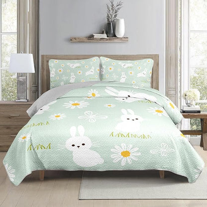 AILONEN Cartoon Rabbit Full Size,Floral Bunny Bedspread Coverlet for Kids,3Pcs Kawaii Animal Printed Green Quilt & 2 Pillowcases,Soft Lightweight